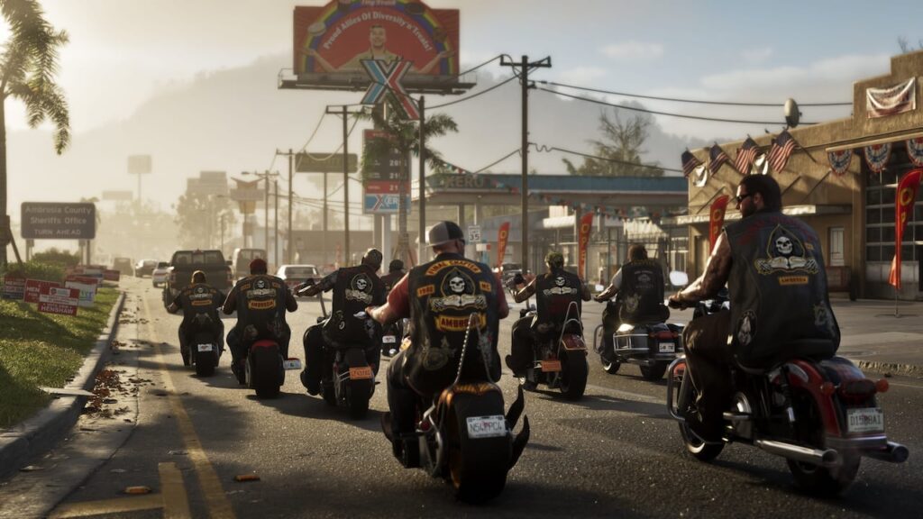 Motards devant une usine d’Ambrosia — capture officielle GTA VI