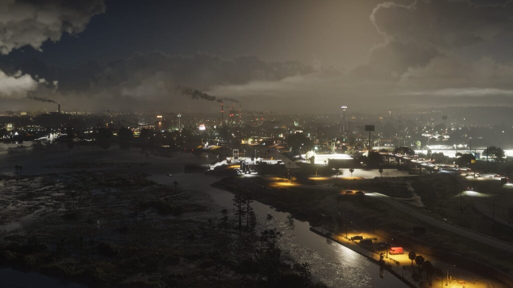 Paysage industriel d’Ambrosia sous un ciel sombre — capture officielle GTA VI