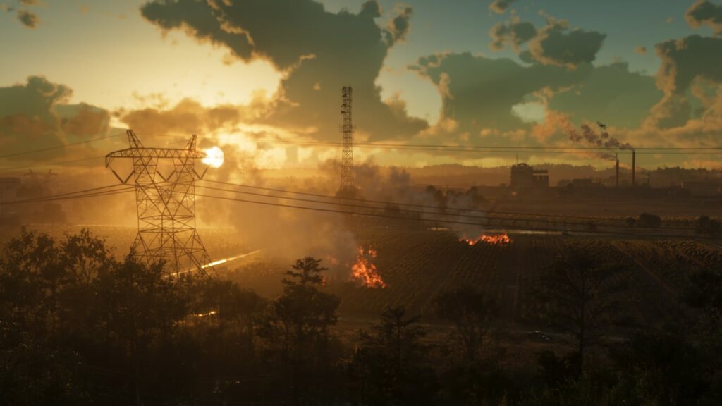 Coucher du soleil sur les installations industrielles d’Ambrosia — capture officielle GTA VI