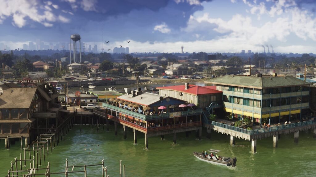 Maisons et pontons sur les eaux de Grassrivers — capture officielle GTA VI
