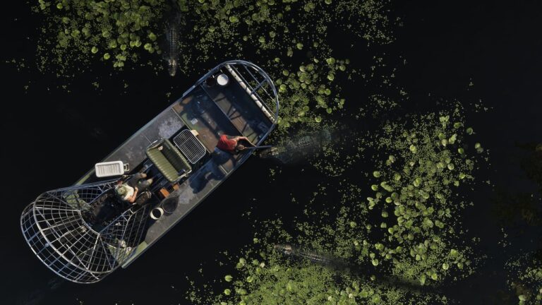 Aéroglisseur vu du ciel dans les zones humides de Grassrivers — capture officielle GTA VI