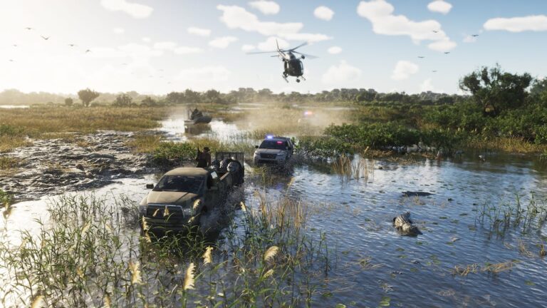 Véhicules et hélicoptère dans les marais de Grassrivers — capture officielle GTA VI