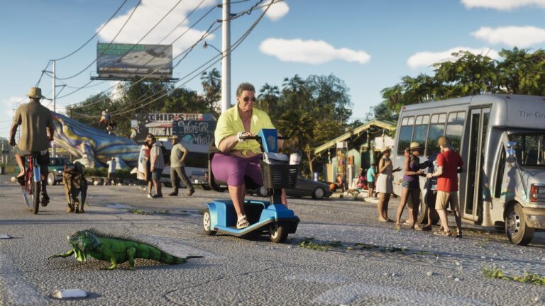 Rue animée des Leonida Keys avec un alligator — capture officielle GTA VI