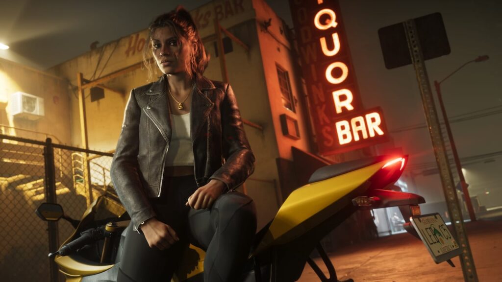 Lucia Caminos près d’une moto et d’un bar — capture officielle GTA VI