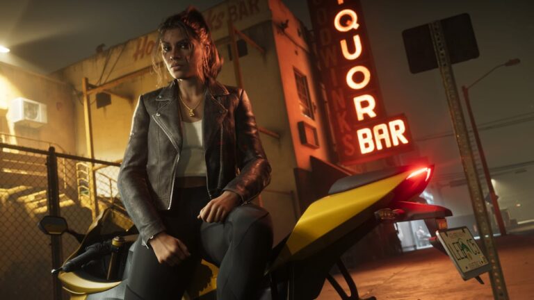 Lucia Caminos près d’une moto et d’un bar — capture officielle GTA VI