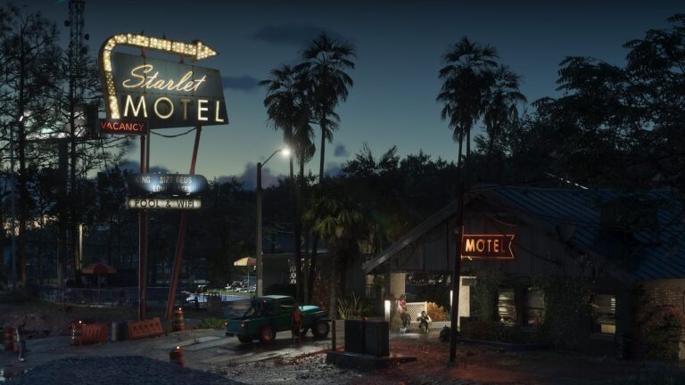 Motel de Port Gellhorn à la tombée de la nuit — capture officielle GTA VI