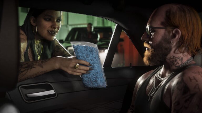 Discussion à la portière d’une voiture à Port Gellhorn — capture officielle GTA VI