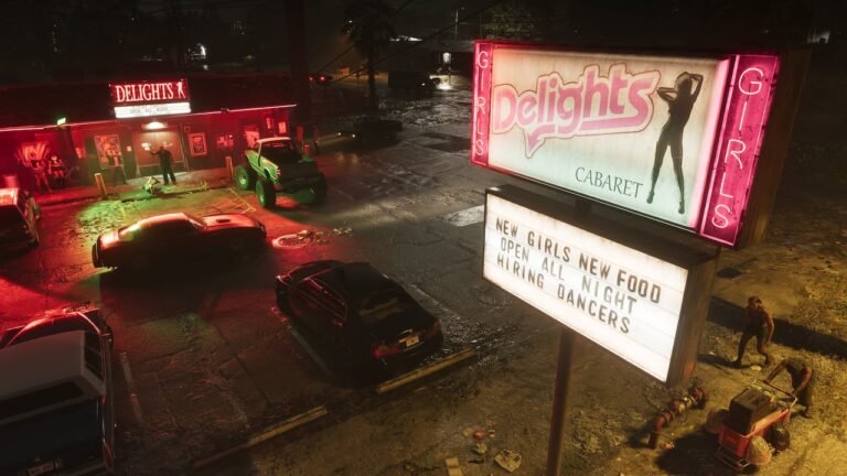 Voitures devant les enseignes de Port Gellhorn la nuit — capture officielle GTA VI