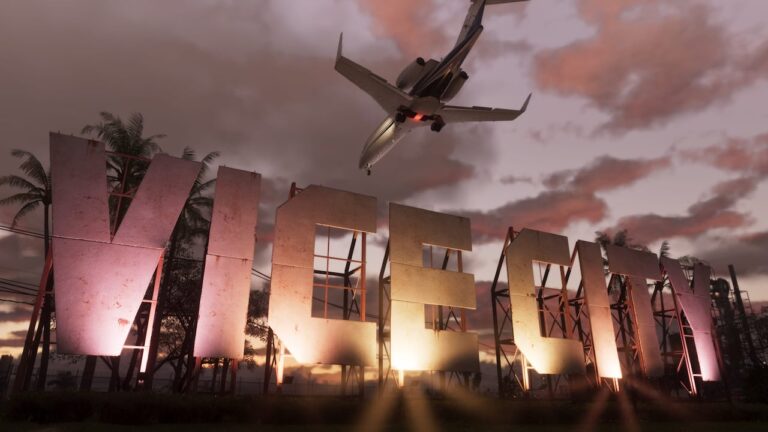 Lettres Vice City et avion au coucher du soleil — capture officielle GTA VI