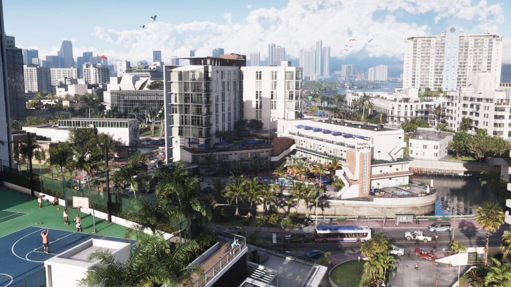 Vue aérienne des immeubles et des avenues de Vice City — capture officielle GTA VI