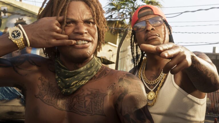 Deux habitants de Vice City montrant leur téléphone — capture officielle GTA VI